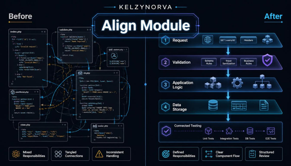 A dark-themed infographic titled 'Align Module' by Kelzynorva , comparing a messy 'Before' code workflow with a clean 'After' workflow. The left side shows tangled code snippets, inconsistent handling, and messy responsibilities.