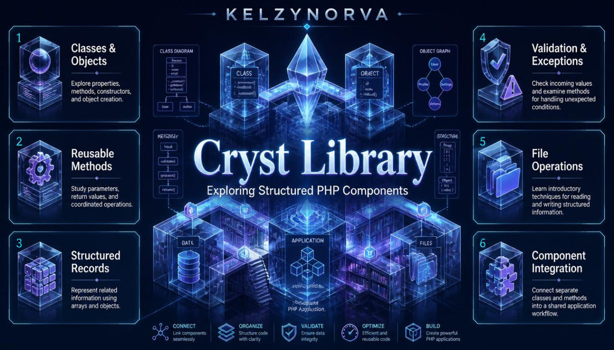 Promotional infographic for the 'Cryst Library' by Kelzynorva , showcasing a central isometric blue digital crystal structure surrounded by eight numbered feature panels detailing PHP component functionalities like classes, methods, records, and file operations.