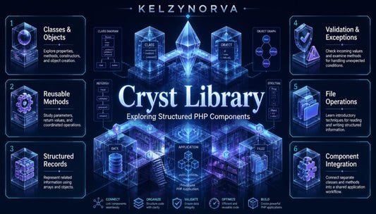 Promotional infographic for the 'Cryst Library' by Kelzynorva , showcasing a central isometric blue digital crystal structure surrounded by eight numbered feature panels detailing PHP component functionalities like classes, methods, records, and file operations.