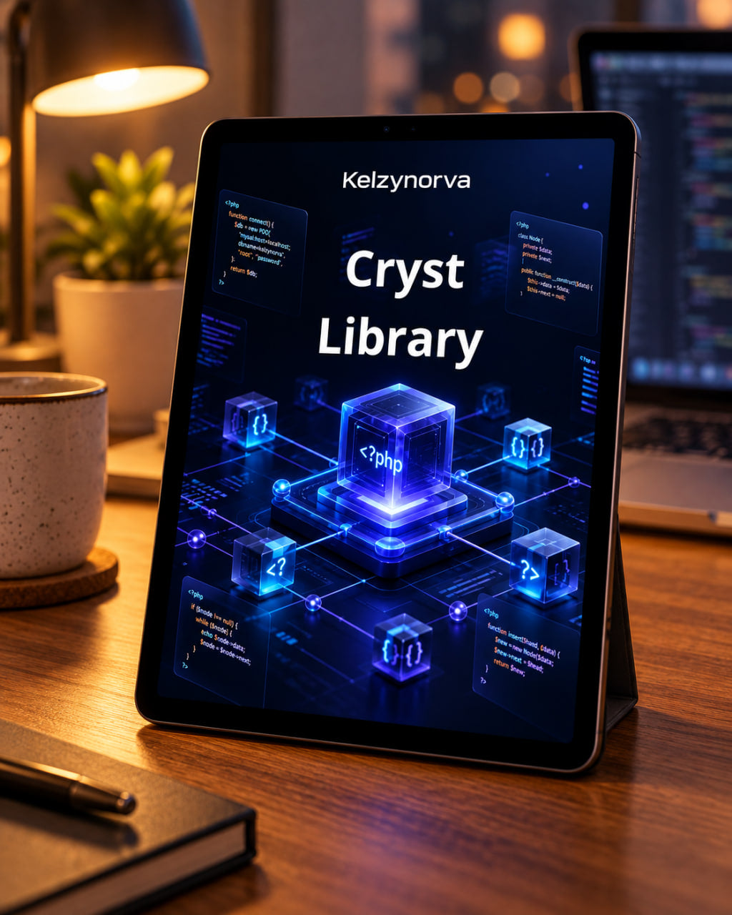 A tablet on a wooden desk displaying a digital cover titled 'Kryst Library' by Kelzynorva , with glowing blue code blocks and a laptop blurred in the background.