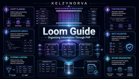 A digital infographic titled 'Loom Guide: Organizing Information Through PHP' by Kelzynorva , featuring a dark navy and black background with glowing blue and purple interface elements, step-by-step process boxes, and diagrams related to PHP database and array management.