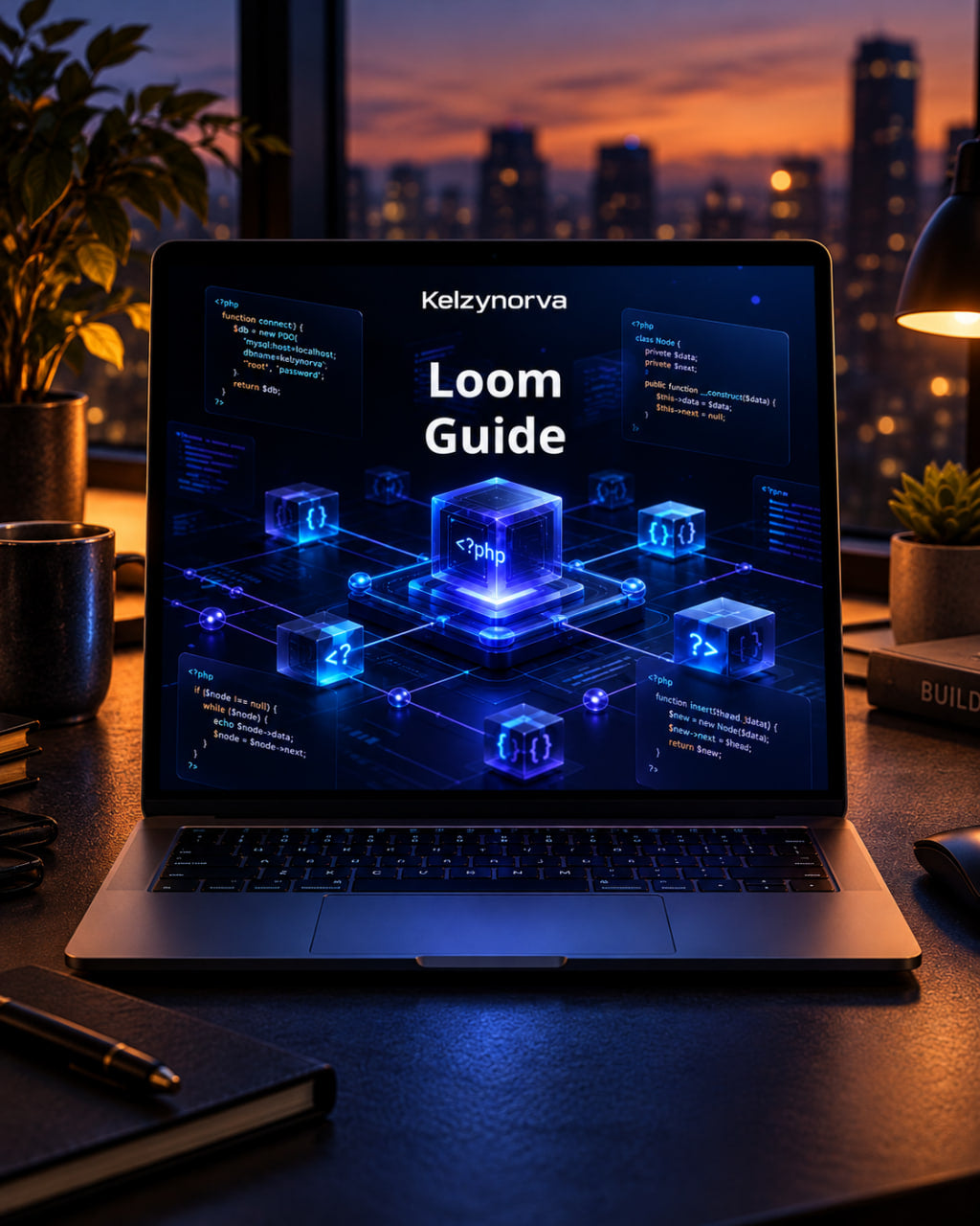 A laptop on a desk showing a glowing blue digital interface with the text 'Kelzynorva Loom Guide' and code-like panels. The scene is set in a real environment with a city skyline at dusk in the background, plants, a lamp, and desk accessories visible.