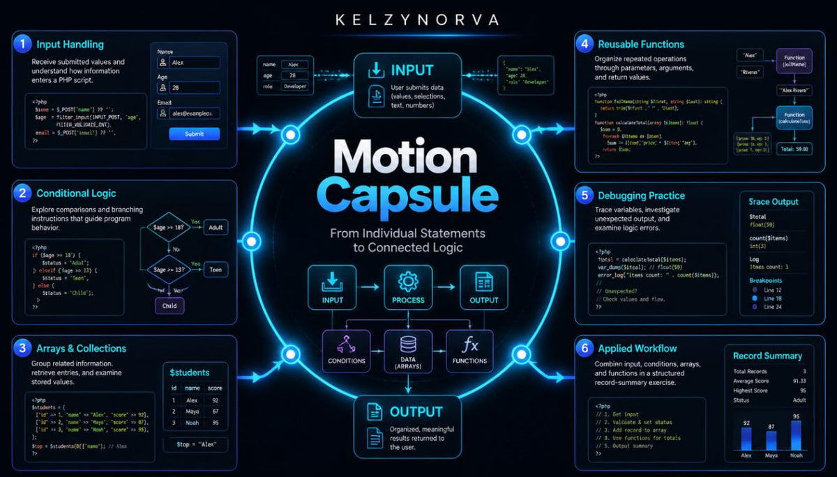A dark digital infographic titled 'Motion Capsule' by Kelzynorva , showing a central glowing circle with input and output nodes, surrounded by eight labeled tech modules such as Input Handling, Conditional Logic, Arrays & Collections, Reusable Functions, Debugging Practice, and Applied Workflow on a black background.