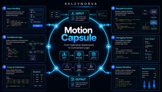 A dark digital infographic titled 'Motion Capsule' by Kelzynorva , showing a central glowing circle with input and output nodes, surrounded by eight labeled tech modules such as Input Handling, Conditional Logic, Arrays & Collections, Reusable Functions, Debugging Practice, and Applied Workflow on a black background.
