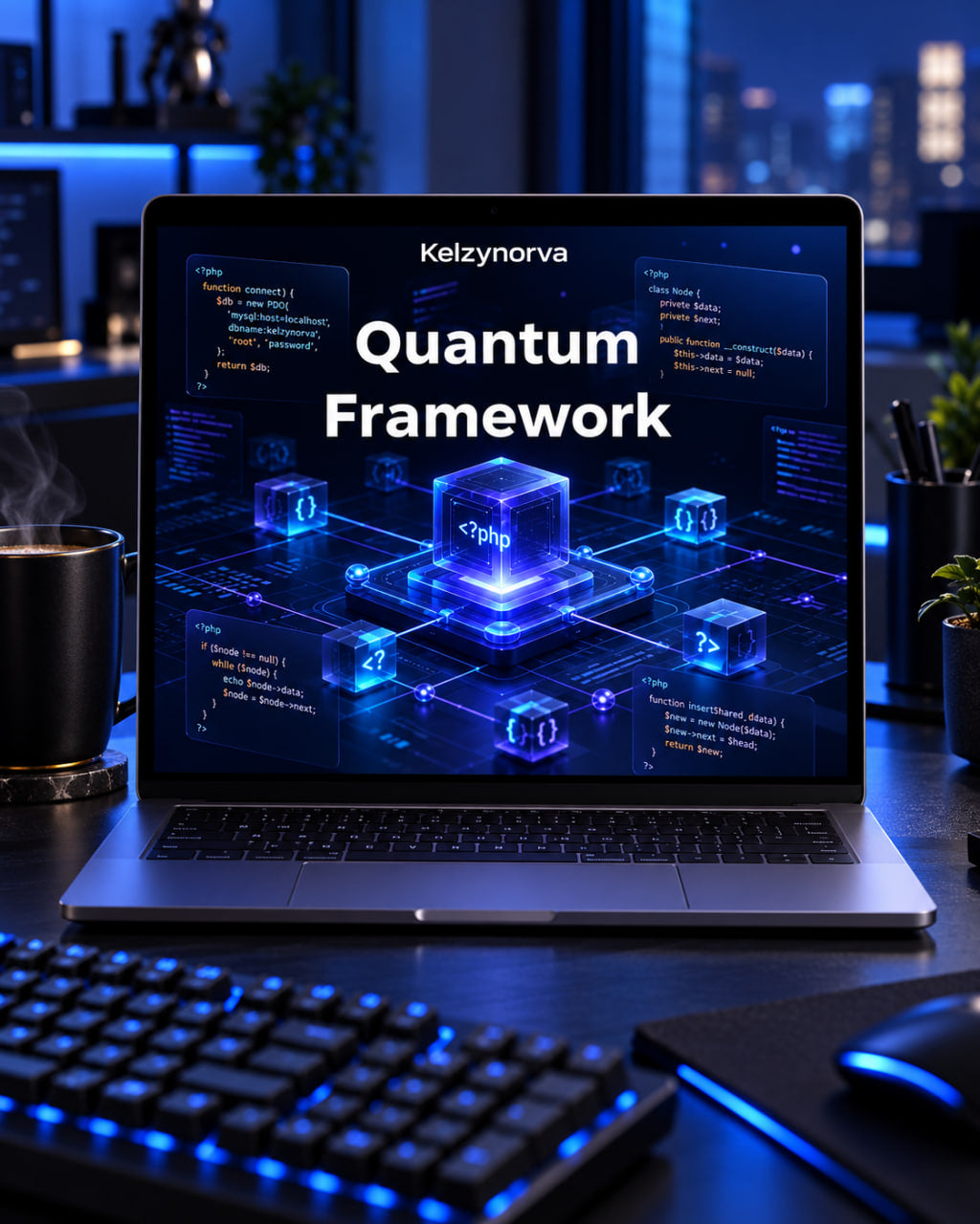 A laptop on a desk displaying a futuristic blue digital interface with the text 'Kelzynorva Quantum Framework' on the screen. The laptop is surrounded by a glowing keyboard, a mouse, and a mug in a dimly lit, modern workspace with blue ambient lighting.