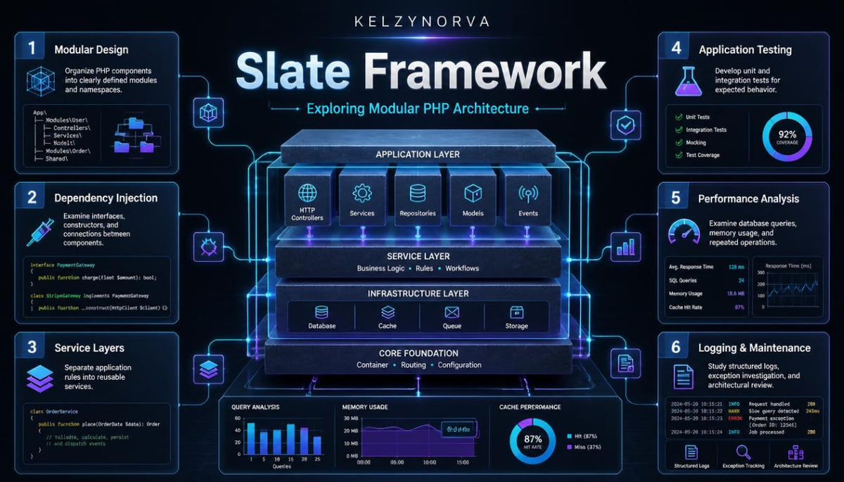 A digital infographic titled 'Slate Framework' by Kelzynorva , showcasing a modular PHP architecture diagram with glowing blue and purple interface elements and six numbered feature callouts around the central layered system.