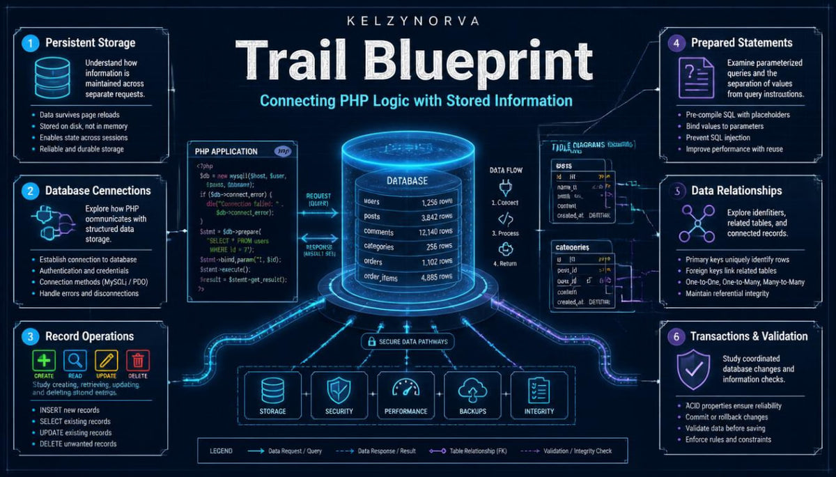 A digital infographic titled 'Trail Blueprint' by Kelzynorva , illustrating a database schema with PHP application logic, connections, record operations, data relationships, transactions, and persistent storage.