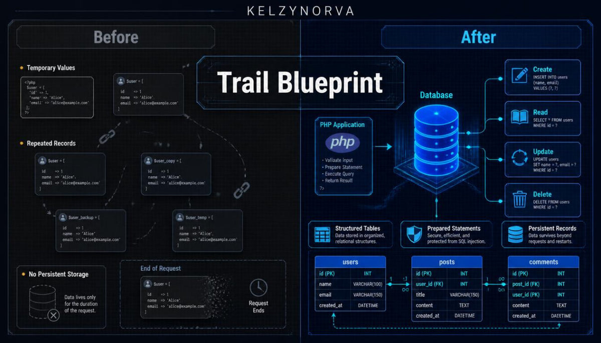 A digital infographic titled 'Trail Blueprint' by Kelzynorva , comparing 'Before' and 'After' states of a database query. The left side shows a complex SQL query with temporary and repeated values, while the right side shows the streamlined 'After' state with a glowing blue database icon and simplified operations like Create, Read, Update, and Delete.