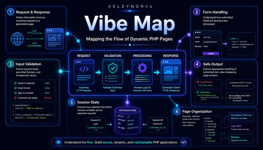 An educational infographic poster titled 'Vibe Map' by Kelzynorva , designed to explain the flow of dynamic PHP pages through six numbered steps with dark blue panels, glowing neon accents, and code snippets.