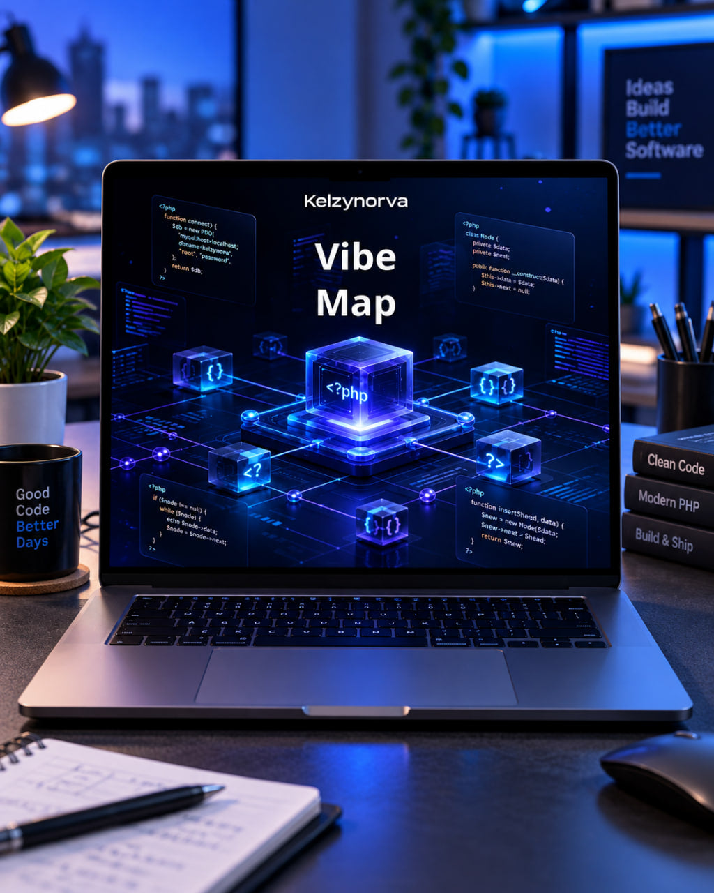 A silver laptop on a dark desk displaying a glowing blue 'Vibe Map' interface, surrounded by office items including a notebook, pen, plant, and mug in a modern workspace setting.