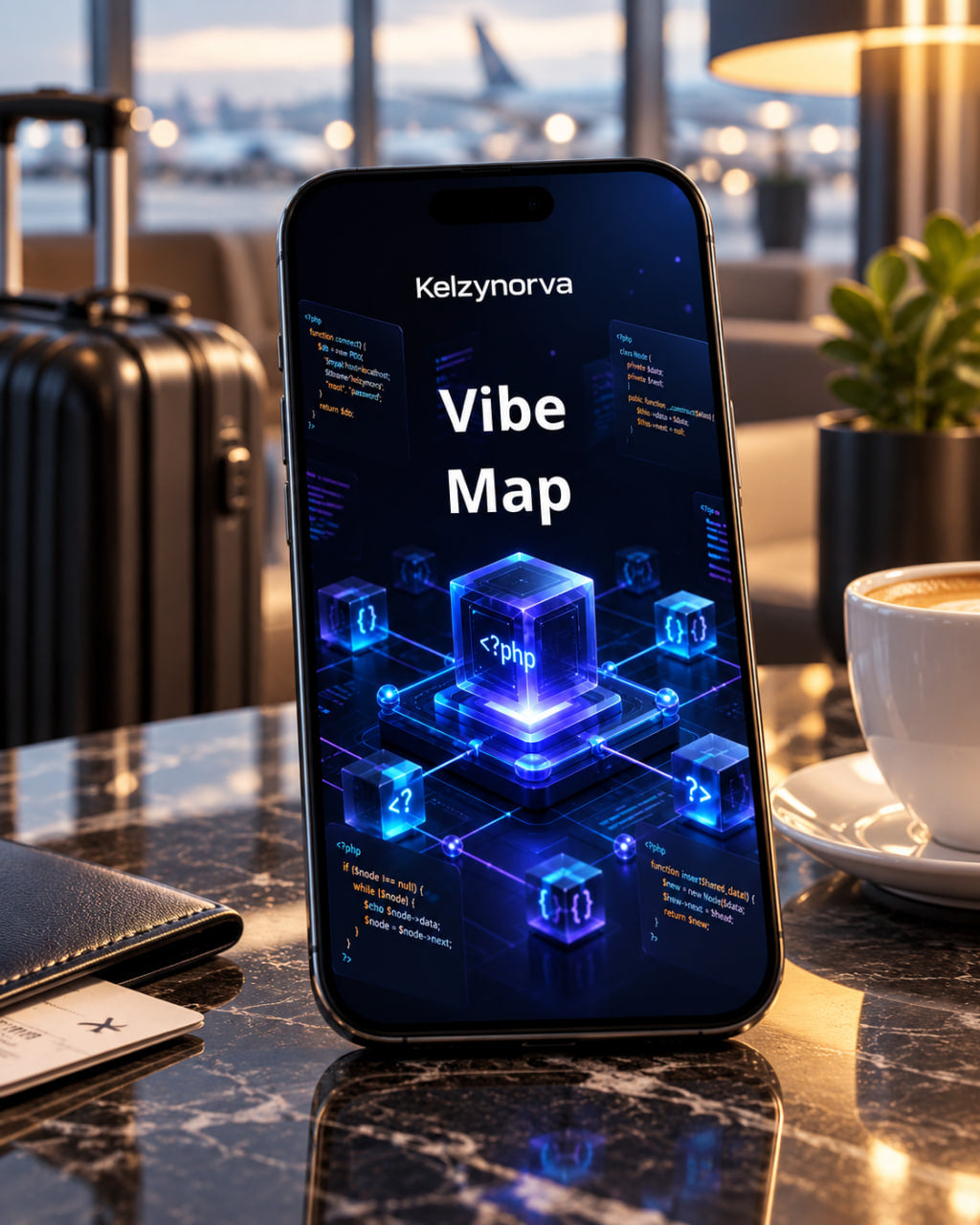 A smartphone standing upright on a polished marble table in a cafe or airport lounge, displaying a futuristic blue digital interface titled 'Kelzynorva Vibe Map'. A suitcase, wallet, and coffee cup are visible in the softly blurred background.