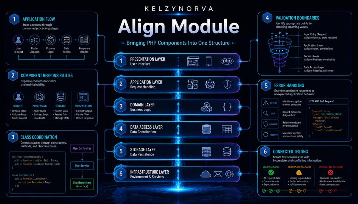A dark blue and black infographic titled 'Align Module' by Kelzynorva , detailing a software architecture flow for PHP components. The diagram features six numbered layers from presentation to infrastructure, complete with icons, labels, and troubleshooting tips for error handling and connected testing.
