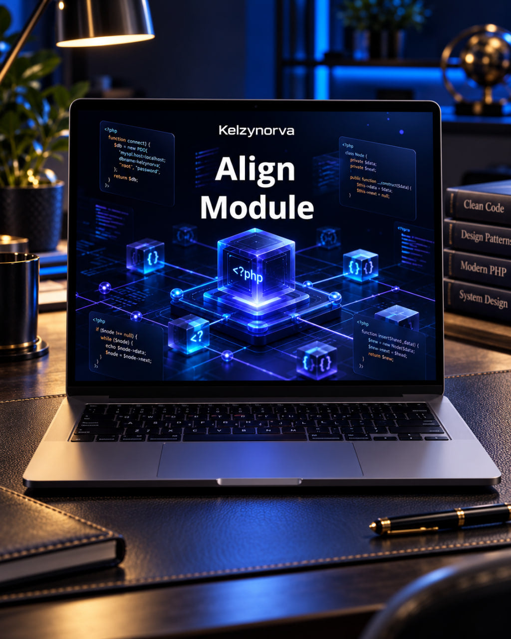 A silver laptop sits open on a dark desk, displaying a glowing blue digital interface with the text 'Kelzynorva Align Module.' The scene is styled in a modern workspace with a lamp, notebook, pen, and books in the background.