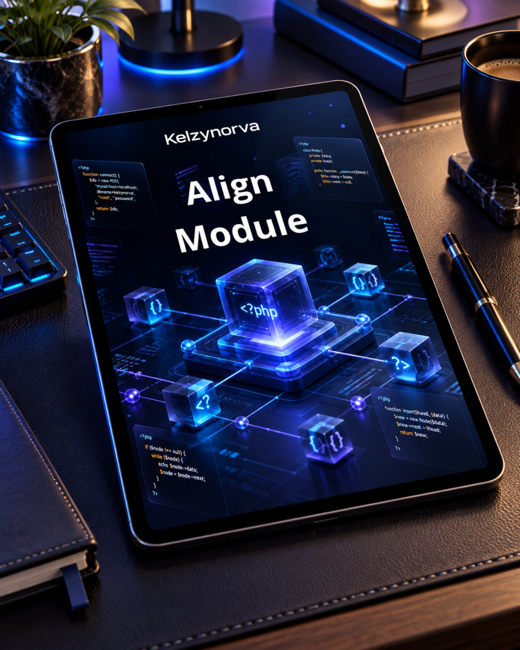 A tablet lying on a dark desk, displaying a glowing blue digital interface with the text 'Kelzynorva Align Module.' The scene includes a keyboard, notebook, pen, books, and ambient blue lighting in a styled workspace setup.