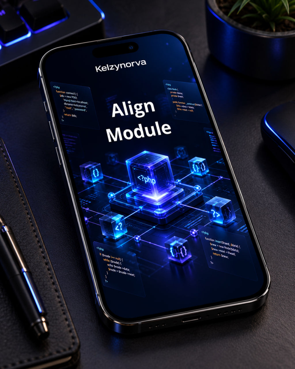 A smartphone lying on a dark desk, displaying a futuristic blue and black app interface with the text 'Align Module' and the brand name 'Kelzynorva ' at the top. A pen, notebook, keyboard, and small plant are visible around it.
