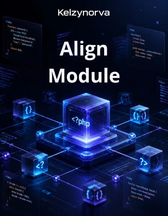 Digital graphic with the text 'Kelzynorva ' and 'Align Module' over a futuristic blue tech illustration featuring glowing cube blocks, code snippets, and network lines on a dark background.