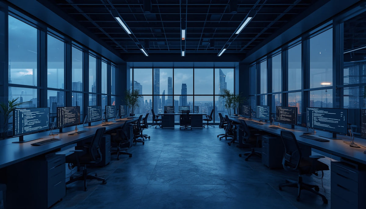 A modern, empty office space with rows of desks, computer monitors, and office chairs, captured in deep blue and black tones with a city skyline visible through the large windows.