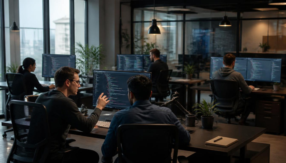 A modern office workspace with several developers seated at desks, facing computer monitors with code, under warm pendant lighting and large windows in the background.