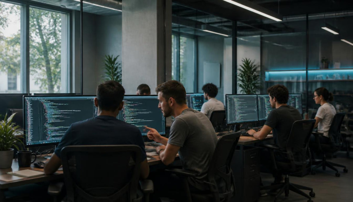 A modern office workspace with several developers seated at desks facing computer monitors displaying code. The room has large windows, glass partitions, ceiling lights, and potted plants.