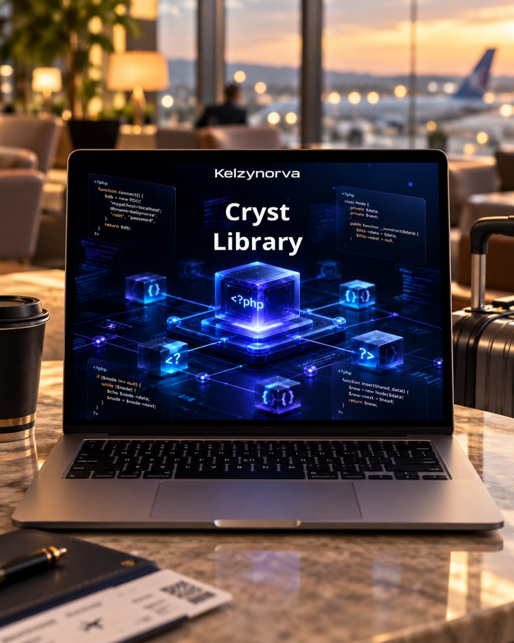 A silver laptop sits open on a marble desk in a blurred airport lounge setting, displaying a glowing blue digital interface with the text 'Kelzynorva ' and 'Cryst Library'. A coffee cup, pen, and boarding pass are visible in the foreground, with a suitcase and airplane window in the background.