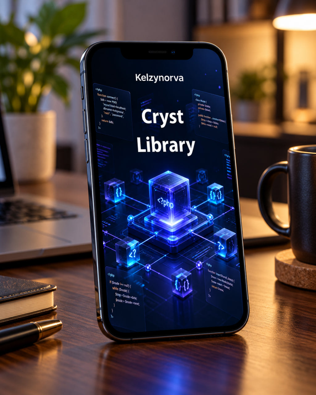 A smartphone standing upright on a wooden desk, displaying a futuristic blue digital interface with the text 'Kelzynorva' and 'Cryst Library.' The phone is photographed in a real indoor setting with a laptop, mug, notebook, and lamp in the background.