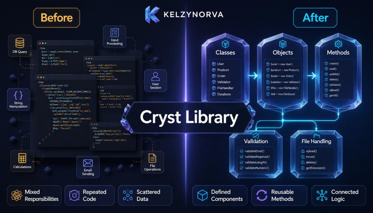 A promotional infographic for 'Cryst Library' by Kelzynorva , showing a 'Before' and 'After' comparison of coding workflows. The left side, labeled 'Before', displays dark, cluttered code snippets with various UI icons.