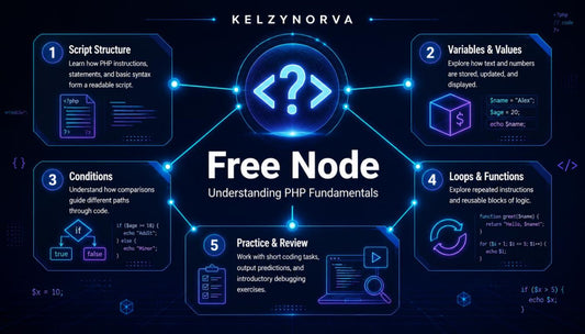 A digital infographic titled 'Free Node: Understanding PHP Fundamentals' by Kelzynorva , featuring five numbered blue panels connected by glowing lines around a central question mark icon on a dark blue background.