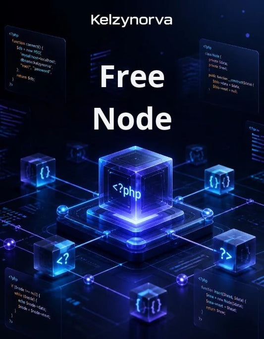 Digital promotional graphic with the text 'Kelzynorva ' at the top and 'Free Node' in large white letters over a futuristic dark blue technology-themed illustration featuring glowing blue cubes, code snippets, and network lines.