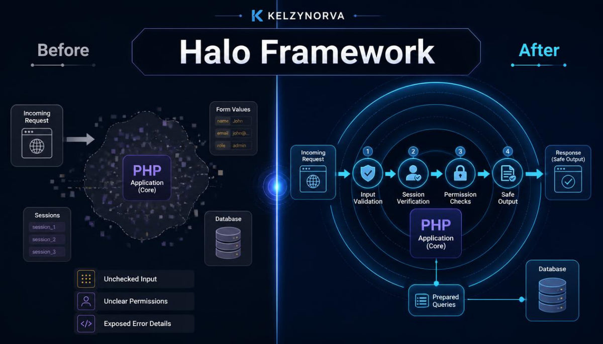 A dark promotional infographic for the Halo Framework by Kelzynorva , comparing a 'Before' state with an 'After' state. The left side shows a messy, unsecured PHP application setup with exposed error details and weak permissions.