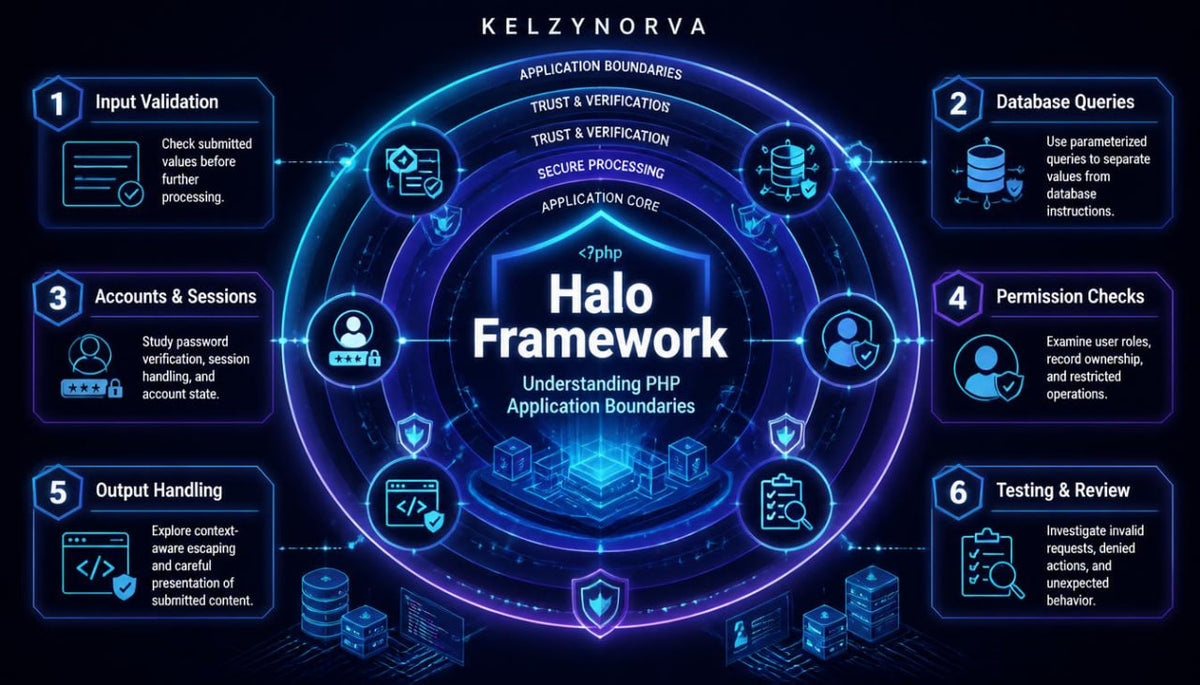 A circular digital infographic titled 'Halo Framework' with the Kelzynorva branding at the top, showing six numbered process steps around a central tech-style emblem: Input Validation, Database Queries, Accounts & Sessions, Permission Checks, Handling Output, and Testing & Review.