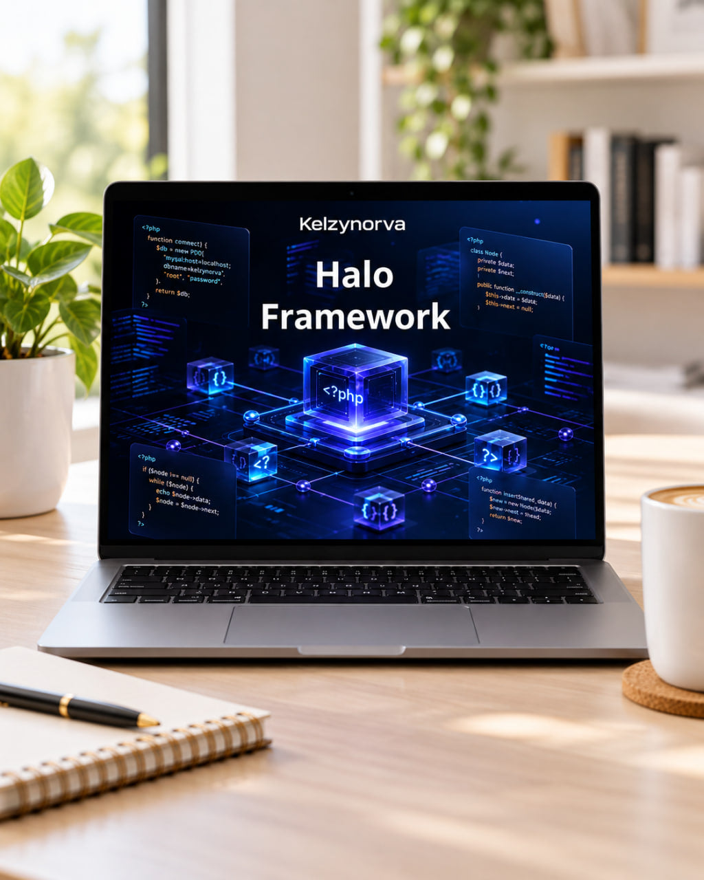 A silver laptop sits on a wooden desk in a bright, modern room. The screen displays a digital graphic for 'Kelzynorva Halo Framework' with glowing blue code blocks.