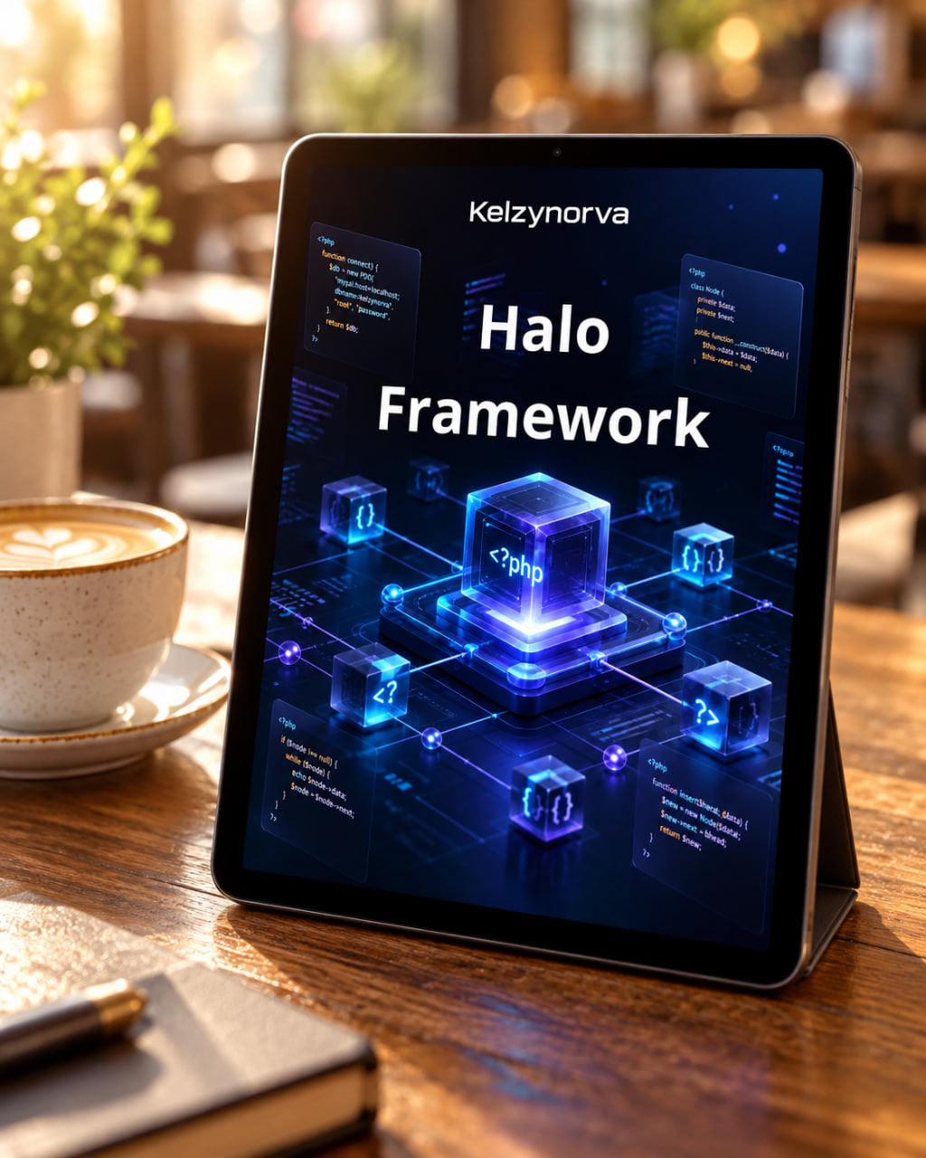 A tablet on a wooden table in a cafe setting, displaying a digital presentation or manual titled 'Halo Framework' by Kelzynorva . The screen shows a futuristic blue and black interface with glowing 3D blocks and code snippets.