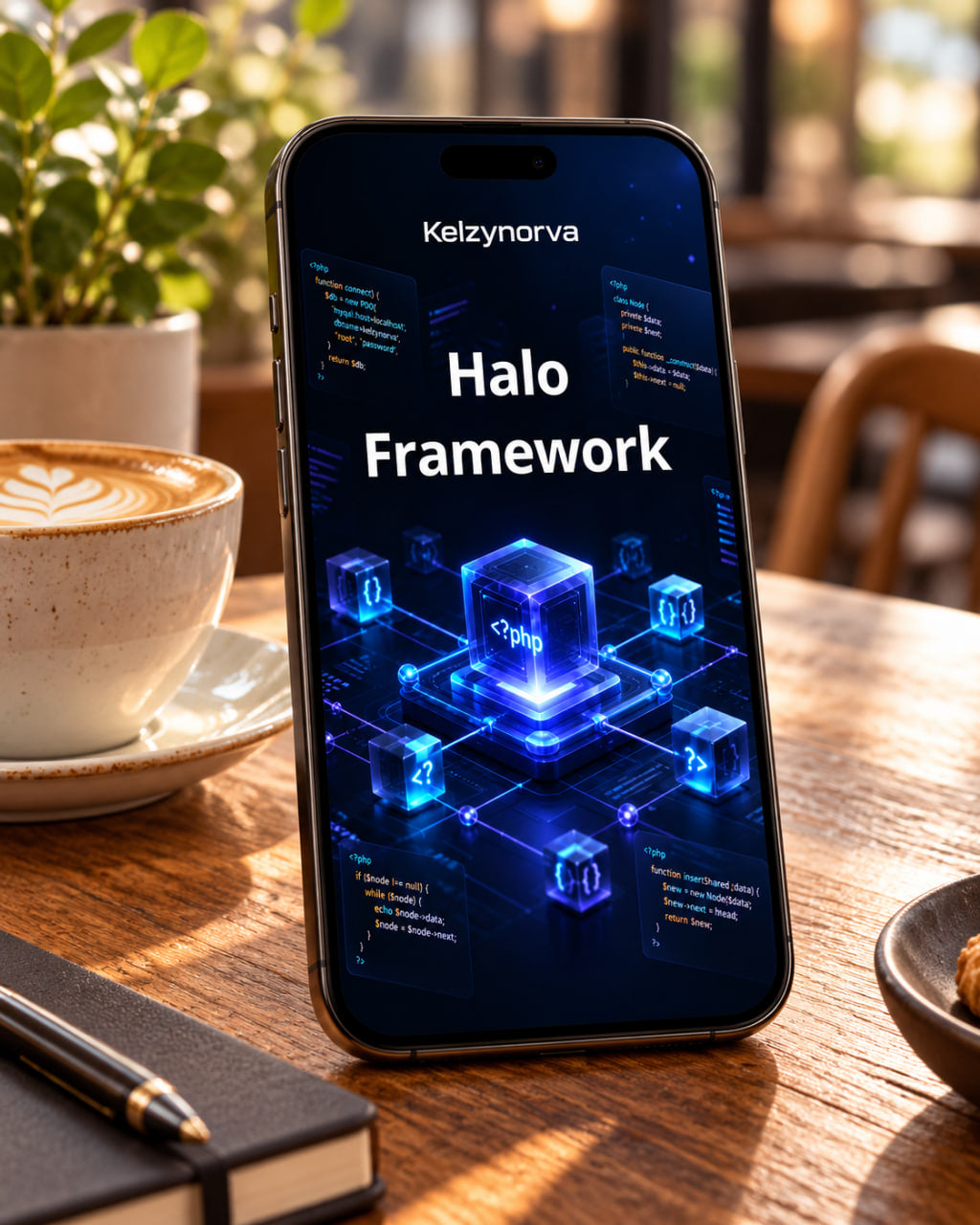 A smartphone standing on a wooden table in a cafe setting, displaying a futuristic blue digital interface with the text 'Kelzynorva ' and 'Halo Framework'. A cup of coffee, a notebook, and a plant are visible around it.
