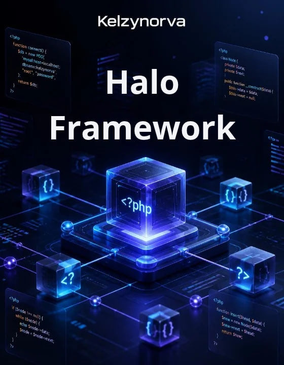 Digital cover graphic for 'Halo Framework' by Kelzynorva , featuring a glowing blue central cube with PHP code syntax and surrounding floating code panels on a dark tech-themed background.
