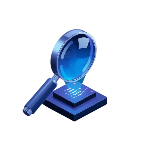 A blue digital illustration of a magnifying glass over a small chart, set on a dark blue rectangular base against a solid white background.