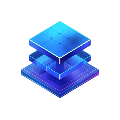 A stylized digital illustration of a stack of translucent blue and purple square tiles or platform blocks on a plain white background.