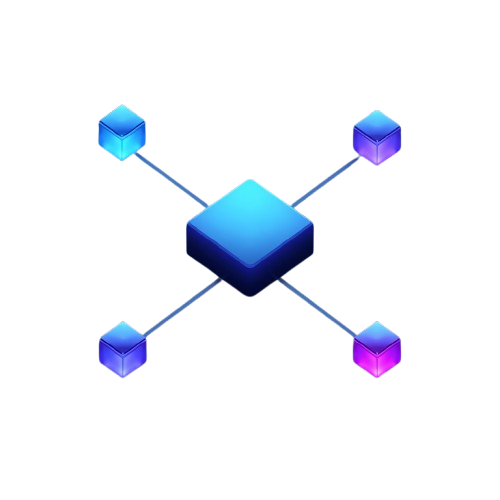 A digital graphic of a central glowing blue cube connected to four smaller blue and purple cubes on a solid white background.