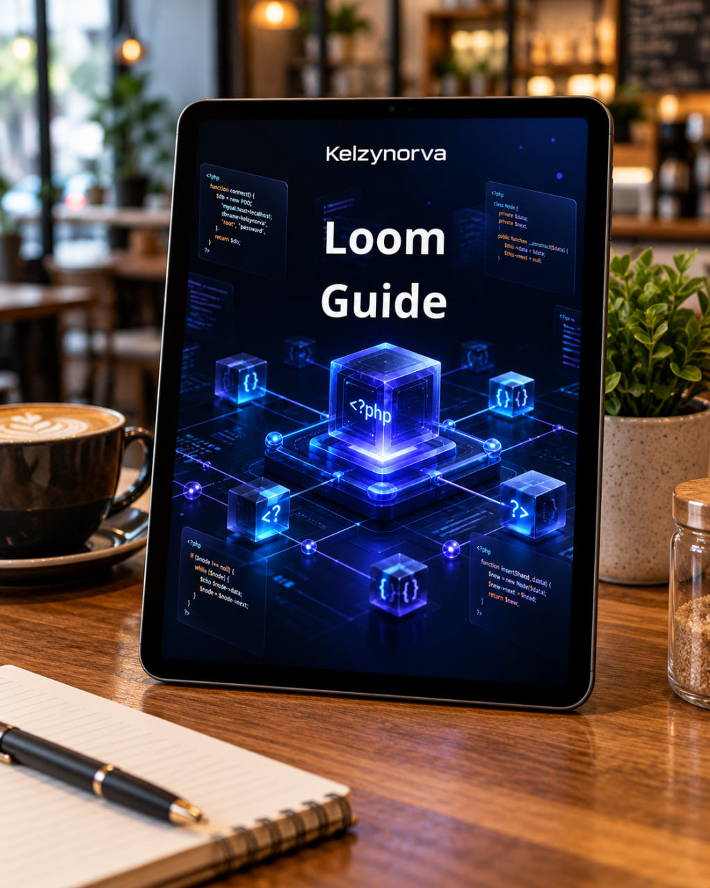 A tablet on a wooden table displaying a digital guide titled 'Loom Guide' by Kelzynorva , surrounded by a coffee cup, notebook, pen, and small plant in a cafe setting.