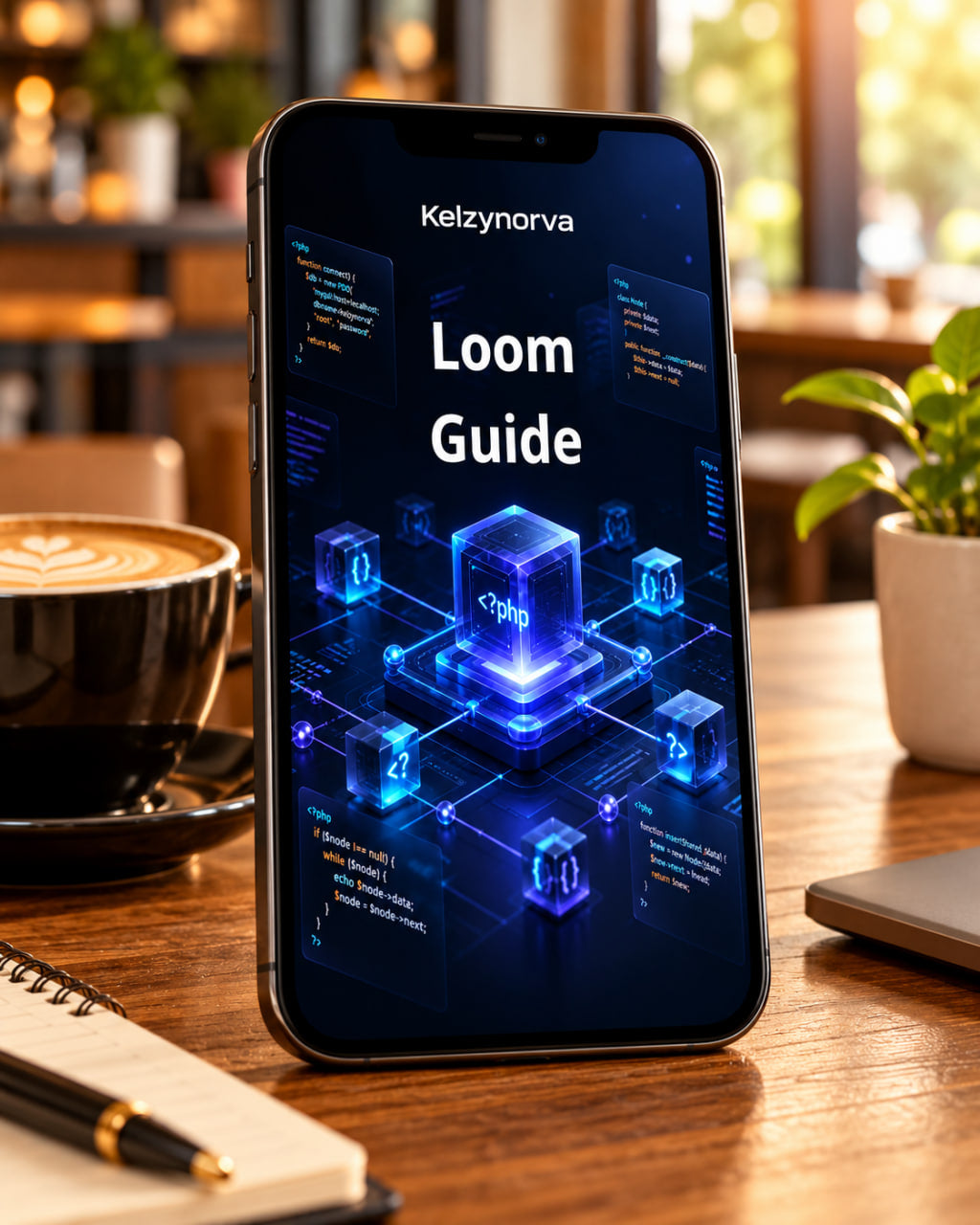 A smartphone standing upright on a wooden table in a cafe setting, displaying a digital guide titled 'Loom Guide' with glowing blue tech graphics. A coffee cup, notebook, pen, and potted plant are visible around it.