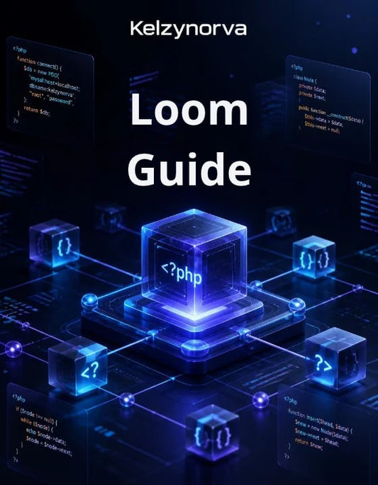 Digital cover graphic for a 'Loom Guide' by Kelzynorva , featuring a glowing blue central cube with PHP syntax inside, surrounded by floating code blocks and lines on a dark tech-themed background.
