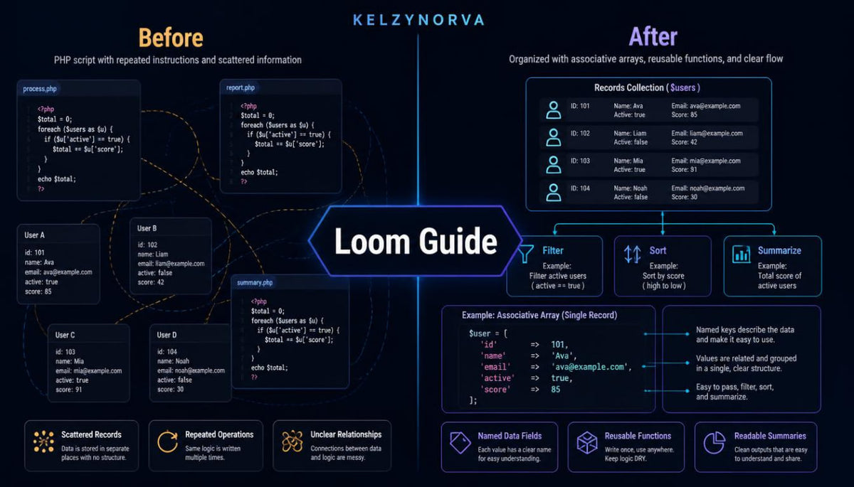 A dark-themed digital infographic titled 'Loom Guide' by Kelzynorva , comparing 'Before' and 'After' states of a PHP script. The 'Before' section shows a messy, commented-out script with scattered instructions, while the 'After' section displays a clean, organized, and functional version with clear functions like 'Filter', 'Sort', and 'Summary'.