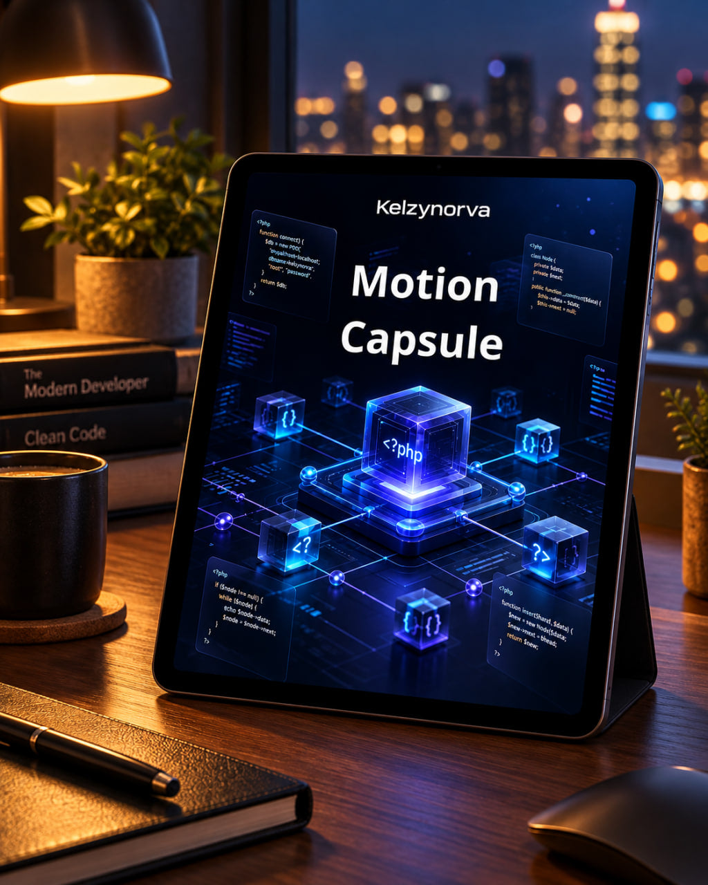 A tablet on a desk stand displaying a digital interface titled 'Motion Capsule' with glowing blue code-like cubes. The tablet is placed on a wooden desk with a notebook, pen, mug, and plants nearby, with a blurred city skyline at night in the background.
