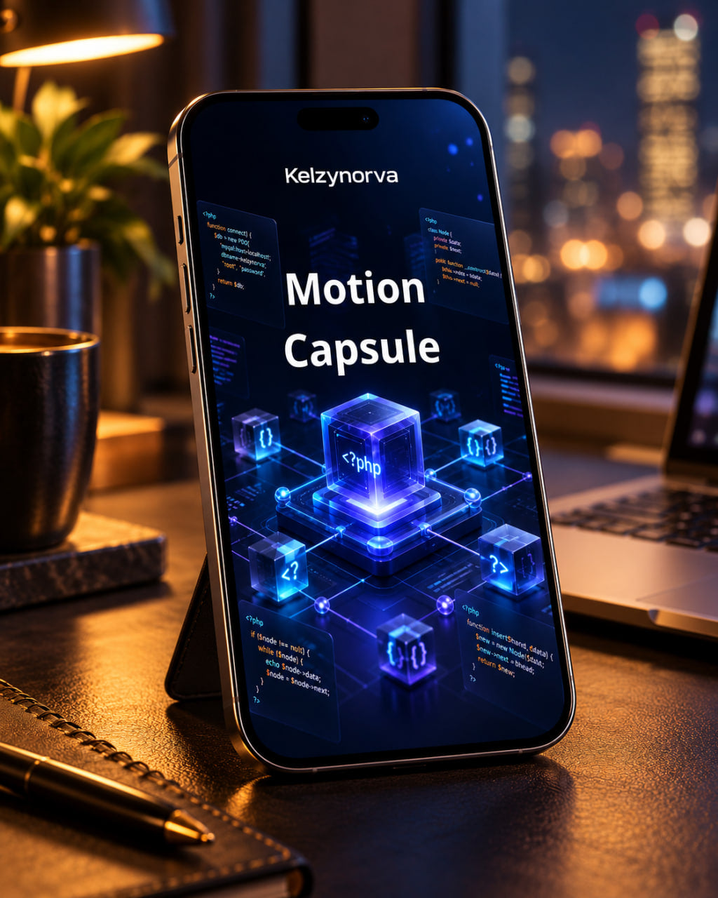 A smartphone displayed upright on a desk stand in a nighttime office setting, showing a glowing blue digital interface with the text 'Kelzynorva Motion Capsule.' A laptop, notebook, and plant are visible in the blurred background.