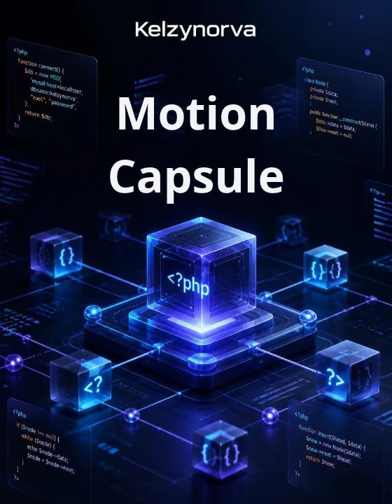 Digital cover art for 'Motion Capsule' by Kelzynorva , featuring a glowing blue central cube with PHP code syntax on a dark, futuristic tech background.