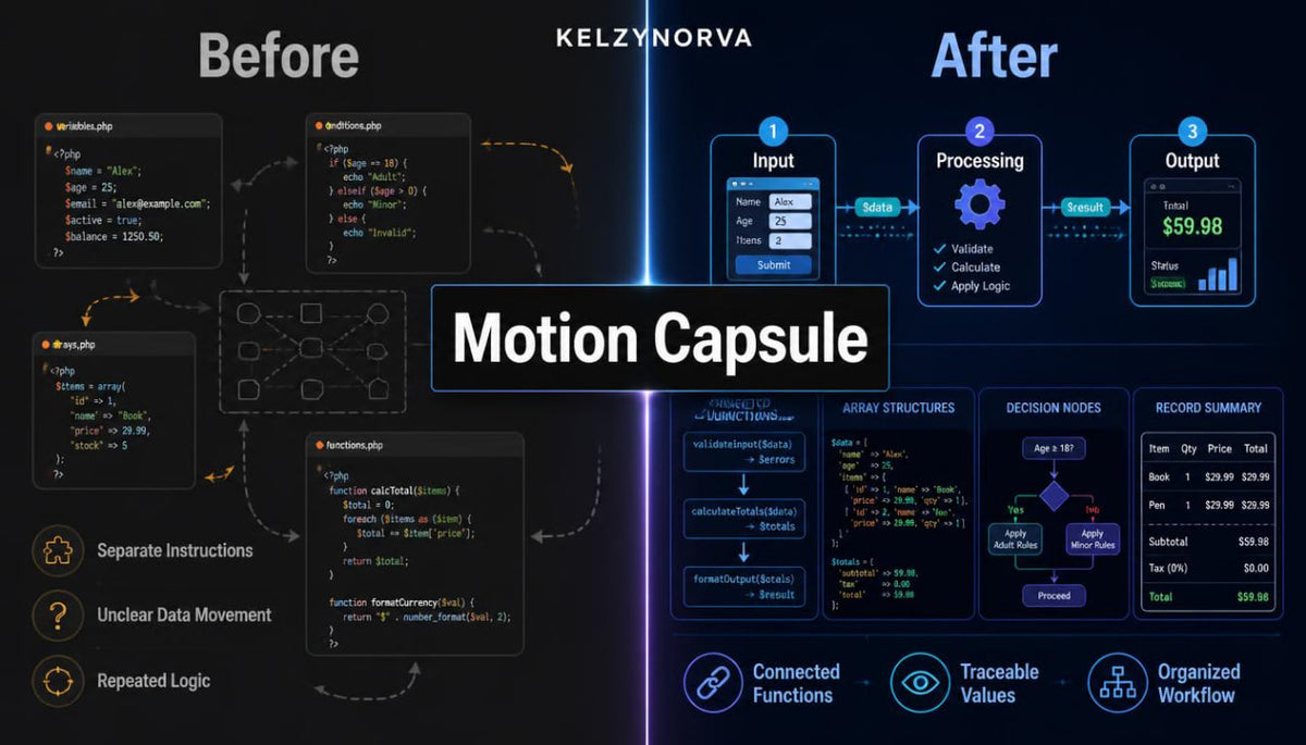 A promotional infographic for a digital software tool called 'Motion Capsule' by 'Kelzynorva ', showing a 'Before' and 'After' comparison of workflow automation. The left side, labeled 'Before', displays a dark interface with code snippets, arrows, and notes on data movement.
