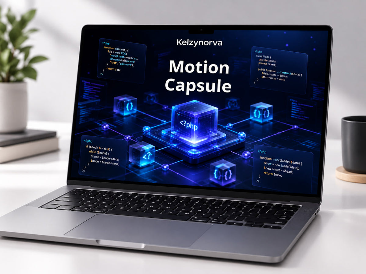 A silver laptop on a white desk displaying a digital interface with the text 'Kelzynorva Motion Capsule' and glowing blue code blocks. The scene is styled with a small potted plant on the left and a black mug on the right.