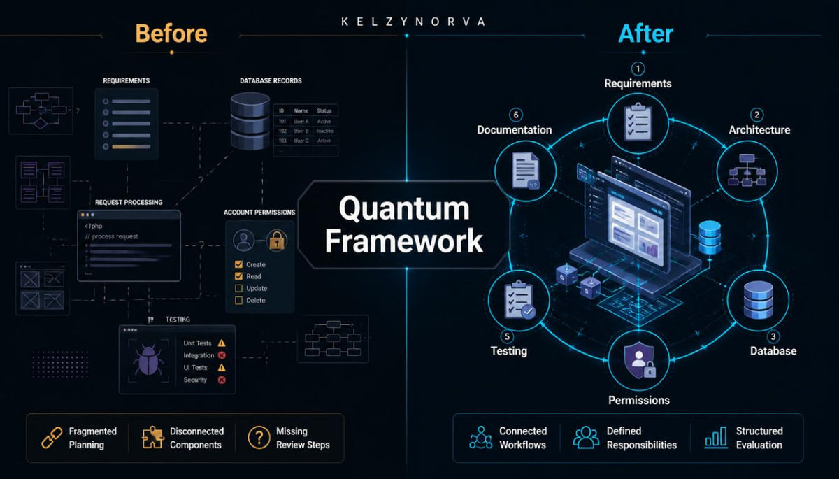 A dark digital infographic comparing a 'Before' state and 'After' state for the 'Quantum Framework' by Kelzynorva . The left side shows fragmented, disorganized database records and planning.