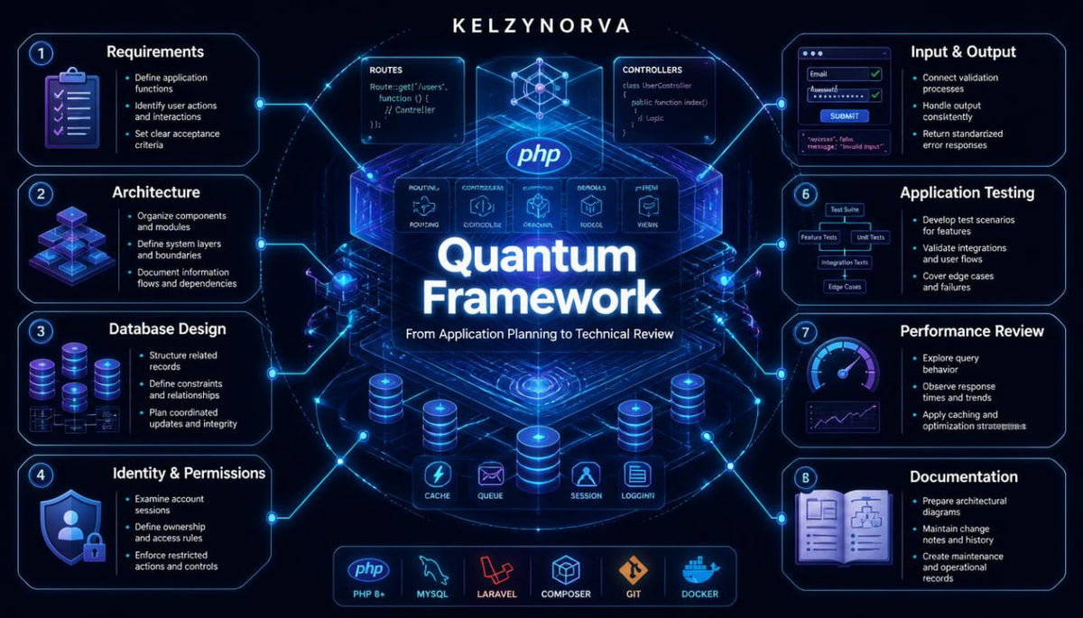 A digital infographic for the 'Kelzynorva Quantum Framework' featuring a central glowing blue hexagonal core with the PHP logo and the title 'Quantum Framework'. The graphic is set against a dark navy background with nine circular callouts around the center, detailing key aspects like requirements, architecture, database design, and performance review, complete with various software icons at the bottom.