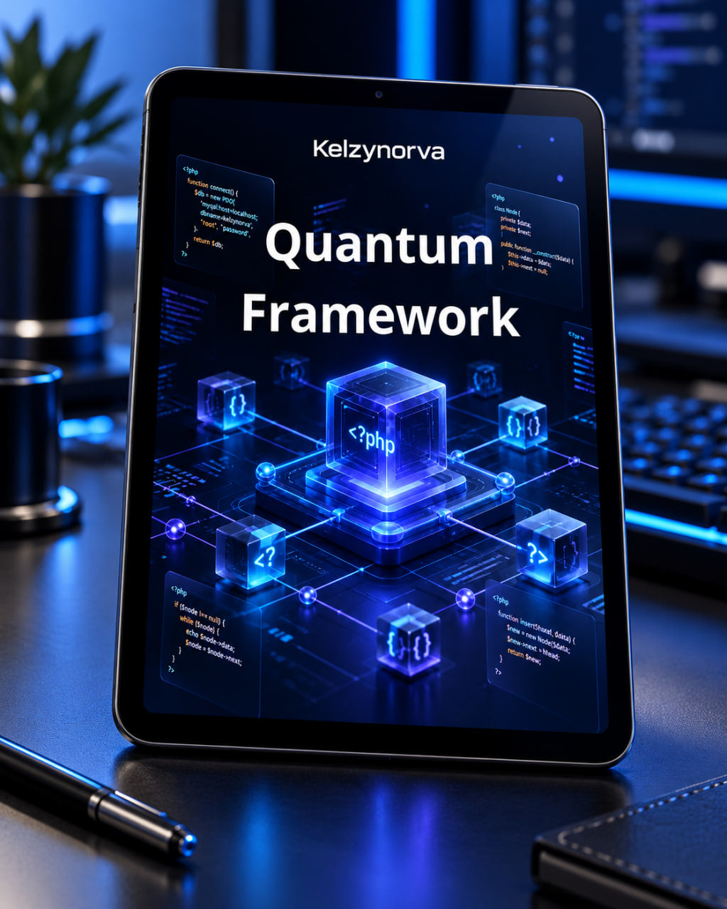 A tablet on a desk displaying a futuristic digital interface titled 'Kelzynorva Quantum Framework' with glowing blue code blocks and a central '<php>' cube. The scene is set in a modern workspace with a blurred keyboard, pen, and plant in the background.