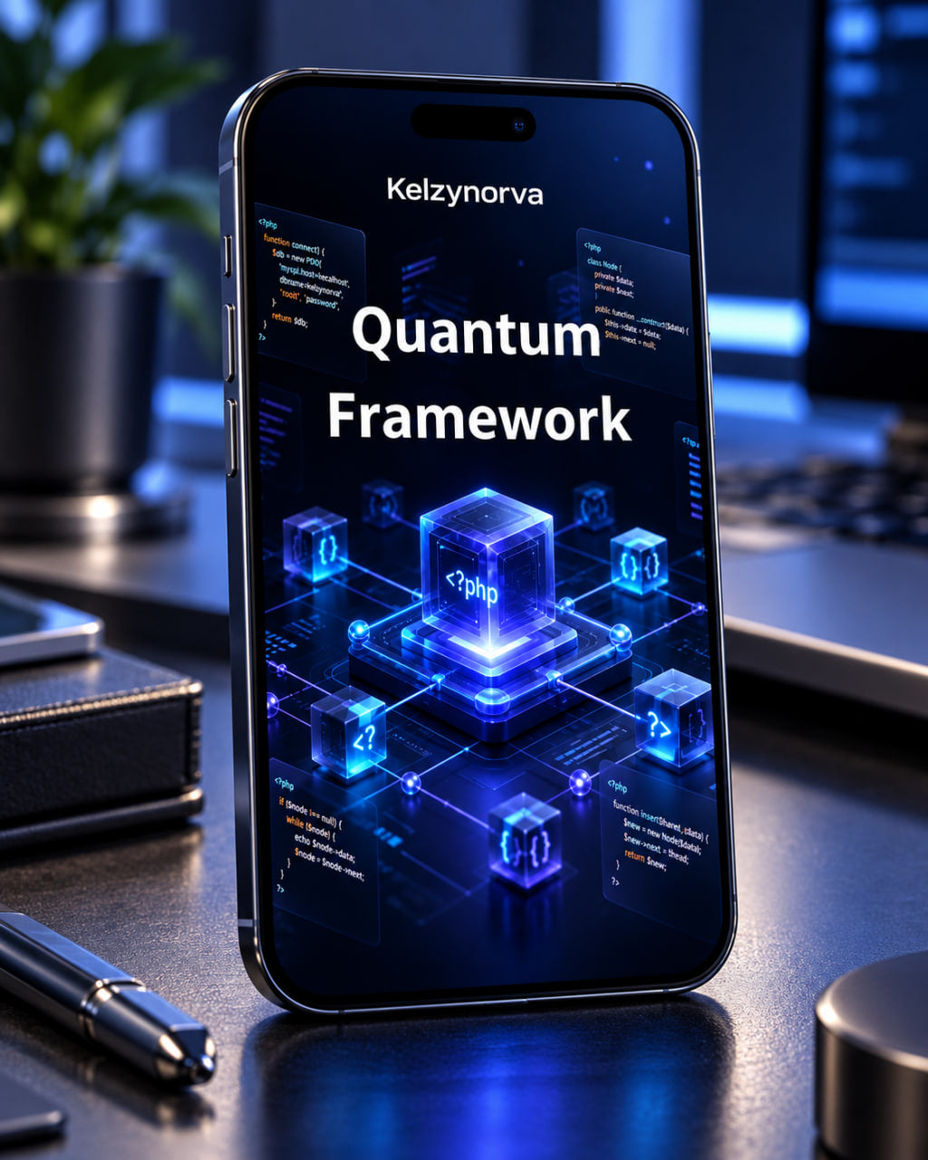 A smartphone standing upright on a desk, displaying a futuristic blue and black interface with the text 'Kelzynorva ' and 'Quantum Framework.' The phone is photographed in a modern office setting with blurred books, a pen, and computer equipment in the background.